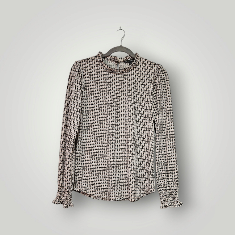 Adrianna Papell Pink and Black Houndstooth Long-Sleeve Blouse